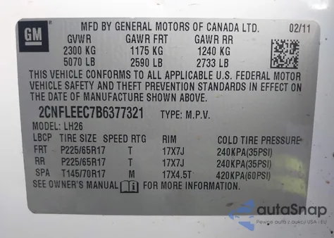 2011 Chevrolet Equinox 1Lt из США, поврежденный, VIN 2CNFLEEC7B6377321